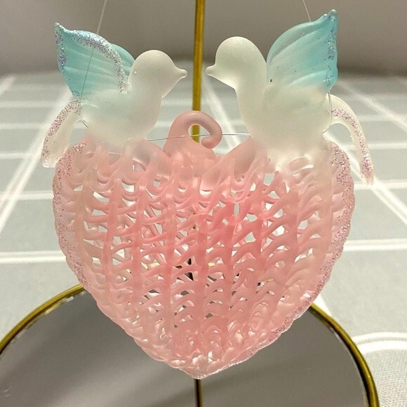Vintage Hand Blown Spun Glass Window Art Love Birds on Pink Heart & Clear Heart - Picture 1 of 7